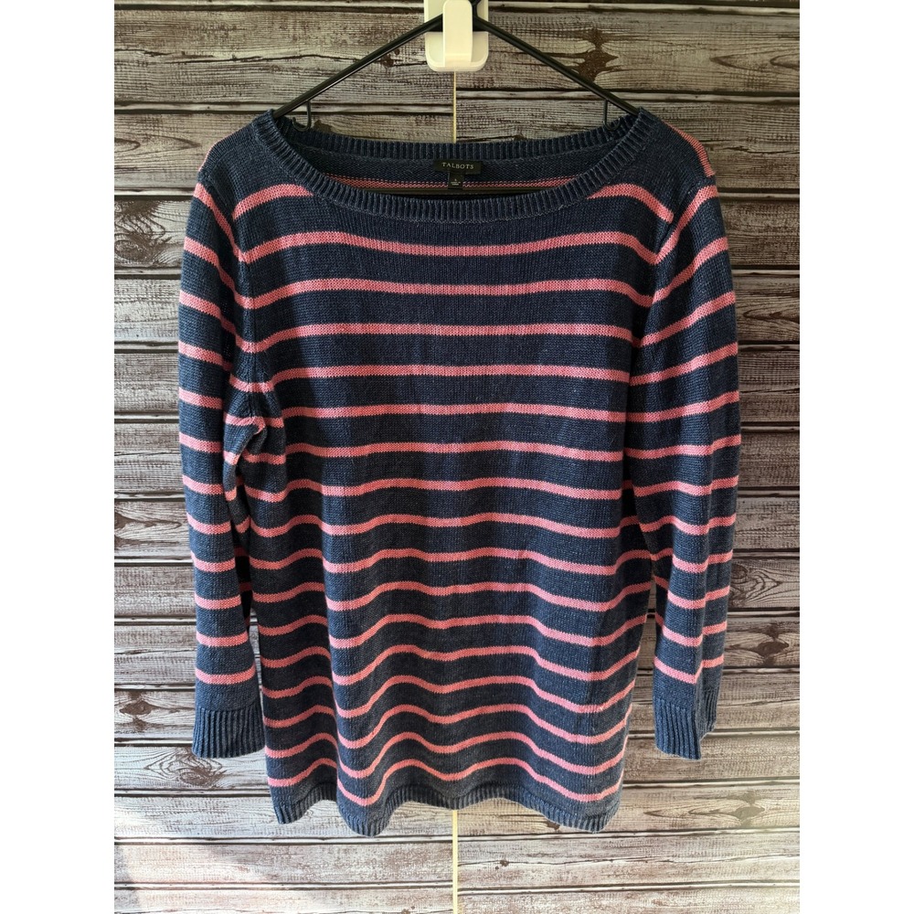 Talbots Women's Long-Sleeved Top Sweater Size L Navy Blue Pink Striped Linen
